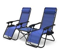 VOUNOT® Lot de 2 Chaise longue inclinable avec table pliable en Textilène avec support de gobelet - charge Max 120kg - Bleu