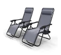 VOUNOT® Lot de 2 Chaise longue inclinable pliable en Textilène avec support de gobelet - charge Max 120kg - Gris