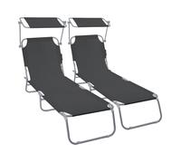 VOUNOT® Lot de 2 Chaise longue pliante avec pare soleil - Transat 4 positions - Bain de soleil portable en polyester - Noir