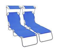 VOUNOT® Lot de 2 Chaise longue pliante avec pare soleil - Transat 4 positions - Bain de soleil portable en polyester - Bleu