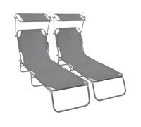 VOUNOT® Lot de 2 Chaise longue pliante avec pare soleil - Transat 4 positions - Bain de soleil portable en polyester - Gris