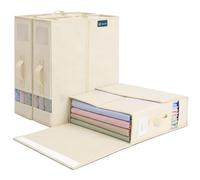 VOUNOT® Lot de 3 Sacs de Rangement Drap de Lit Pliable 38,5x33x12 cm Beige | Boîte de Rangement Linge, Tissu Non Tissé Respirant, Fenêtres Transparentes, Fermeture Éclair, Sous le Lit Armoires Tiroirs