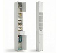 VOUNOT® Colonne de salle de bain 20x20x180cm - Meuble rangement avec étagères réglable, tiroir et armoires à portes - MDF - Blanc