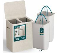 VOUNOT® Panier à linge 150L avec couvercle et 2 sacs amovibles auto-ajustable - 2 compartiments - Beige