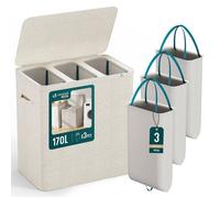 VOUNOT® Panier à linge 170L avec couvercle et 3 sacs amovibles auto-ajustable - 3 compartiments - Beige