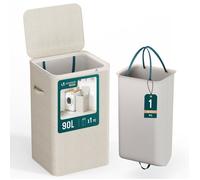 VOUNOT® Panier à linge 90L avec couvercle et sac amovible auto-ajustable - 1 compartiment - Beige