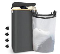 VOUNOT® Panier à Linge Pliable 100L avec Roulettes et Couvercle Grande Capacité Corbeille à Linge avec Sac Intérieur Amovible Poignées et Cadre en Bambou Gris