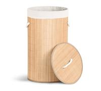 VOUNOT® Panier à Linge 58L Rond en Bambou Corbeille à Linge Pliable avec Couvercle et 2 Sacs Amovibles pour Salle de Bain Chambre et Buanderie Teinte Bois Naturel