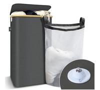 VOUNOT® Panier à linge pliable avec roulettes 100L - avec sac amovible et couvercle - cadre en bambou - gris