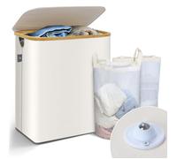 VOUNOT® Panier à linge pliable avec roulettes 145L - avec 2 sac amovible et couvercle - cadre en bambou - beige
