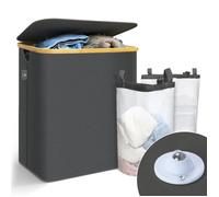 VOUNOT® Panier à linge pliable avec roulettes 145L - avec 2 sac amovible et couvercle - cadre en bambou - gris