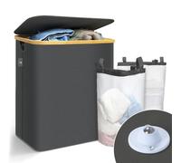 VOUNOT® Panier à linge pliable avec roulettes 145L - avec 2 sac amovible et couvercle - cadre en bambou - gris