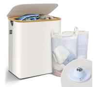 VOUNOT® Panier à linge pliable avec roulettes 145L - avec 2 sac amovible et couvercle - cadre en bambou - beige