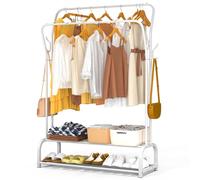 vounot® Portant à Vêtements avec Double Étagères à Chaussures et 4 Crochets Latéraux Penderie Vêtement Robuste en Métal Pour Chambre Dressing et Entrée 108x35x145cm Blanc