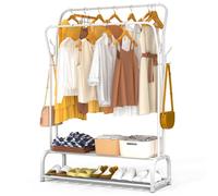 VOUNOT® Portant à vêtements double tringle avec 2 niveaux étagères à chaussures et 4 crochets latéraux - 108x35x145cm - Blanc