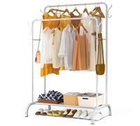 VOUNOT® Portant à vêtements double tringle avec étagères à chaussures et 4 crochets latéraux - 108x58x146cm - Blanc