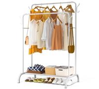 vounot® Portant à Vêtements Double Tringle avec Étagères à Chaussures et 4 Crochets Latéraux Penderie Vêtement Robuste en Métal Pour Chambre Dressing et Entrée 110x58x150cm Blanc