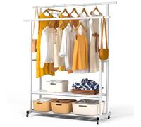vounot® Portant à Vêtements Double Tringle avec Roulettes Penderie Vêtement Étagères en Métal avec 2 Étagères de Rangement Pour Chambre Dressing et Entrée 120x40x146cm Blanc