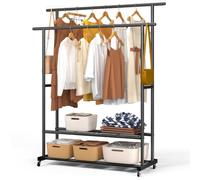 vounot® Portant à Vêtements Double Tringle avec Roulettes Penderie Vêtement Étagères en Métal avec 2 Étagères de Rangement Pour Chambre Dressing et Entrée 121x40x147cm Noir