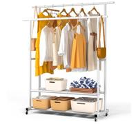vounot® Portant à Vêtements Double Tringle avec Roulettes Penderie Vêtement Étagères en Métal avec 2 Étagères de Rangement Pour Chambre Dressing et Entrée 121x40x147cm Blanc