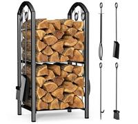VOUNOT® Porte Bûches de Cheminée avec 4 Outils Grande et 2 Étagères en Métal Grande Capacité Support de Stockage de Bois Intérieur Extérieur Range Bûches Multi Accessoires 75 * 38 * 38cm Noir