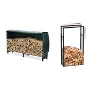 vounot Porte Bûches Télescopique Étagère à Bois de cheminée Ajustable avec 4 Crochets Stockage à Bois de Chauffage 100x65x25cm & Serre Bûche 2m avec Housse de Protection Range Bûche Acier Serre Bûche