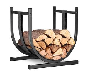 vounot® Range Bûche en Forme de U avec Sangle de Sécurité Porte Bûche en Métal pour Cheminée Intérieur Extérieur Support à Bois Base Stable et Robuste 41x37x39.5cm Noir