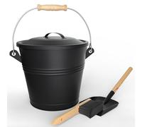Seau à Cendres Métal 5L Noir avec Couvercle, Pelle et Balai - Hauteur 18cm