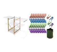 vounot Séchoir à Linge Deluxe Grande Capacité avec roulettes et Maille Etendoir Extensible Pliable & Pince à Linge INOX Lot de 40 avec Sac de Rangement Pinces à Linge en Acier Inoxydable
