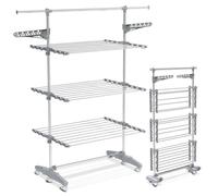 VOUNOT Séchoir à linge pliable avec roulettes - étendoir mobile 3 niveaux - ailes pliables - barre télescopique extensible