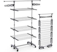 VOUNOT® Séchoir à linge tour pour l'intérieur, Séchoir à linge tour peu encombrant avec ailes pliables, barre télescopique et 6 roulettes, 4 niveaux