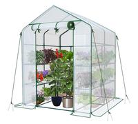 VOUNOT® Serre de jardin avec étagères 143x143x195cm blanc - bâche renforcée 135g/m² - fenêtre moustiquaire - porte enroulable zippée
