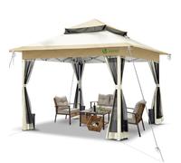 VOUNOT® Tonnelle de Jardin Extérieur 3.6x3.6m Pop up avec Moustiquaire Barnum Anti-UV Respirable Tente de Réception Cadre en Acier Toits Doubles Belvédère Jardin Terrasse Beige