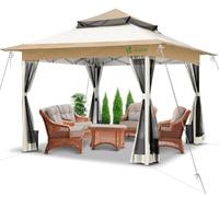 VOUNOT® Tonnelle de Jardin Extérieur 3.6x3.6m avec Moustiquaire Barnum Anti-UV Respirable Tente de Réception Cadre en Acier Toits Doubles Belvédère Jardin Terrasse Beige