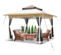 Vounot Tonnelle de jardin 3,6 x 3,6 m pliable avec moustiquaire, anti-UV, cadre acier, beige