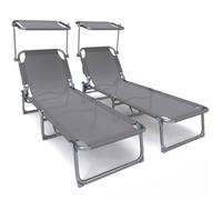 vounot® Lot de 2 Chaise Longue Bain de Soleil avec Pare Soleil Transat Pliable en Textilène avec Parasol Bain De Soleil inclinable en Textilène avec Charge Max 110KG Chaise Longue réglable Gris