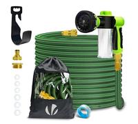 VOUNOT® Tuyau d’Arrosage Extensible 15m Renforcé avec Récipient Savon Adaptable 1/2" et 3/4" 8 Modes de Pulvérisation Flexible et Anti-Fuite Raccord et Sac de Rangement Fournis Vert