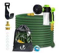 VOUNOT® Tuyau d'arrosage extensible renforcé 15m vert avec récipient savon - 8 modes - raccord et sac de rangement inclus