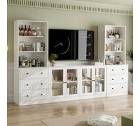 VOWNER Grand Meuble TV Bibliothèque pour Télé Jusqu'à 70", 280x180.3x40cm Meuble TV Suspendu avec Portes en Verre et Étagères, Meuble Télé Bois pour Salon, 2 2D (Blanc)