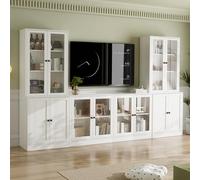 VOWNER Grand Meuble TV Bibliothèque pour Télé jusqu'à 70", 280x180.3x40cm Meuble TV Suspendu avec Portes en Verre et Étagères, Meuble Télé Bois pour Salon, 2B+2D (Blanc)