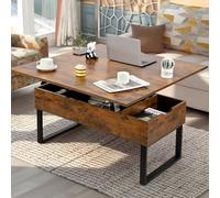 VOWNER Table Basse Relevable, Table de Salon Multifonctionnelle 3 en 1 avec Rangement Caché, Table Basse Convertible Manger de Salon, Marron Vintage