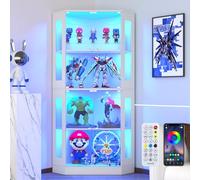 VOWNER Vitrine d'angle Blanc, 4 étages en verre | Pour objets de collection, bibliothèque avec éclairage RGB et détecteur de mouvement, pour chambre, Blanc