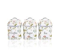 VQ Ensemble de 3 bocaux de rangement pour thé, café et sucre Laura Ashley, ornés du motif marin Elveden, élégante boîte de rangement en fer-blanc avec couvercle (blanc Elveden)