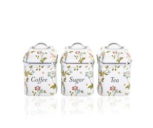 VQ Ensemble de 3 bocaux de rangement pour thé, café et sucre Laura Ashley, ornés du motif marin Elveden, élégante boîte de rangement en fer-blanc avec couvercle (blanc Elveden)