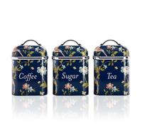 VQ Laura Ashley Boîtes de Rangement Lot de 3 Acier Inoxydable Thé Café Sucre avec Couvercles Amovibles Elveden Navy