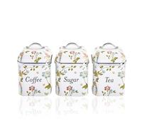 VQ Laura Ashley Ensemble de Boîtes à Thé, Café et Sucre - Lot de 3 Boîtes de Rangement en Acier Inoxydable avec Couvercles Amovibles - Pots de Cuisine Imprimés (Elveden Blanc)