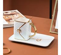 Vroomoto Sac à Main Tasse à café Tasse thé Boire 310ML Ensemble de Tasses en Céramique Espace réservé Cadeau Soucoupe Cuillère Motif Losange Bord doré pour Maman (Bleue)