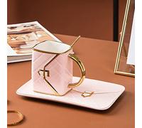 Vroomoto Sac à Main Tasse à café Tasse thé Boire 310ML Ensemble de Tasses en Céramique Espace réservé Cadeau Soucoupe Cuillère Motif Losange Bord doré pour Maman (Rose)