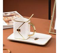 Vroomoto Sac à Main Tasse à café Tasse thé Boire 310ML Ensemble de Tasses en Céramique Espace réservé Cadeau Soucoupe Cuillère Motif Losange Bord doré pour Maman (Blanche)