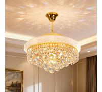 Vrygle Lustre Cristal K9 Doré 46 cm, Hauteur Réglable, 6 x E14 Incluses | Lustre Salon Rond, Hauteur Réglable 20-80 cm, 3 Températures de Couleur 2700K/4500K/6500K pour Salon, Chambre, Salle à Manger